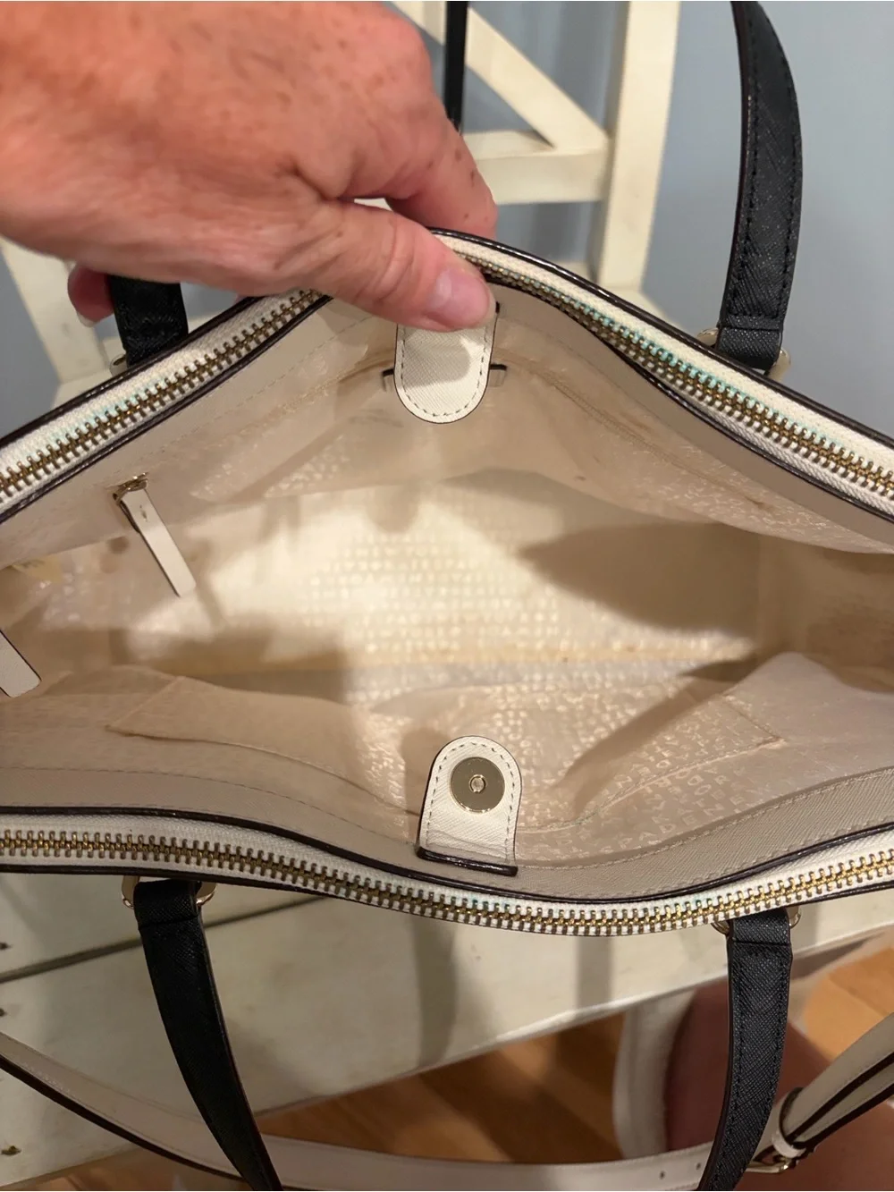 kate spade Cream and Black Leather Tote with Gold Hardware
